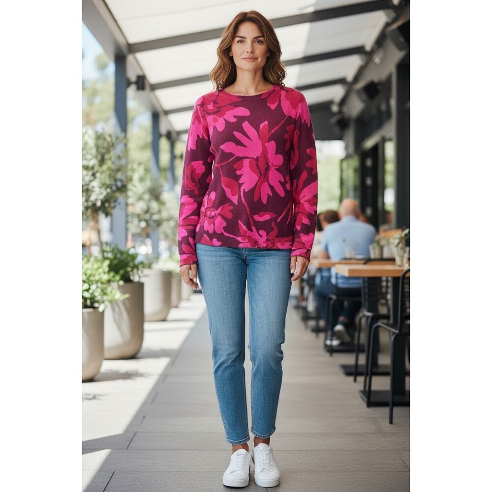 Charter Club 100% Cashmere Sweater Floral Burgundy Red & Pink Sm NWT